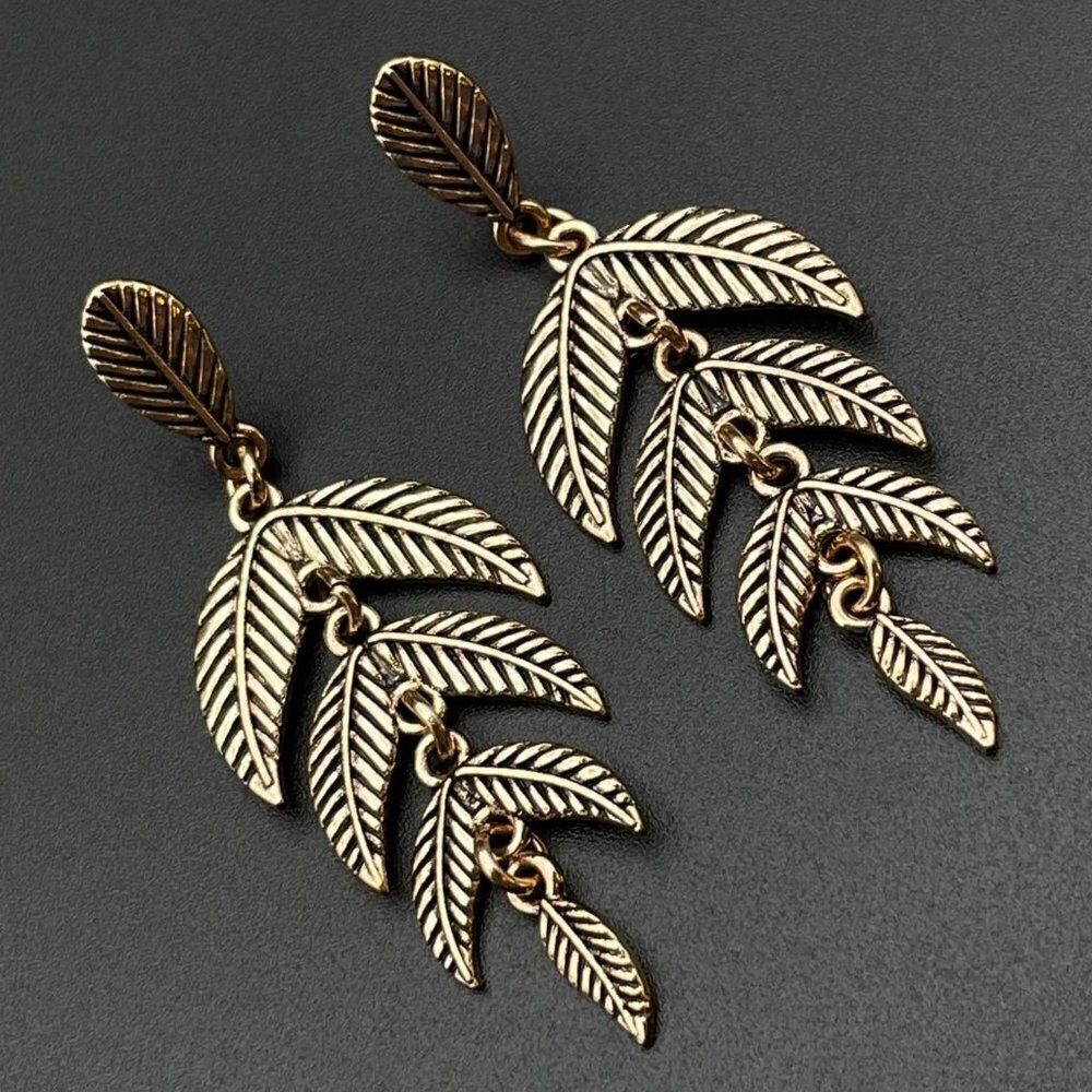 Bronze Dangling Detailed Leaf Boho Vintage Style Post Back Drop Earrings